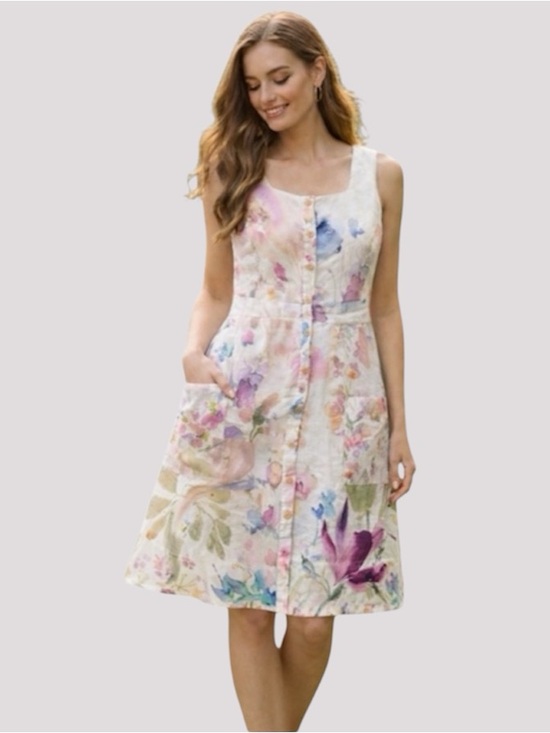 Dolcezza Dresses & Skirts - Dolcezza Linen Floral Art Midi Dress Small Watercolor Button Front Whimsical